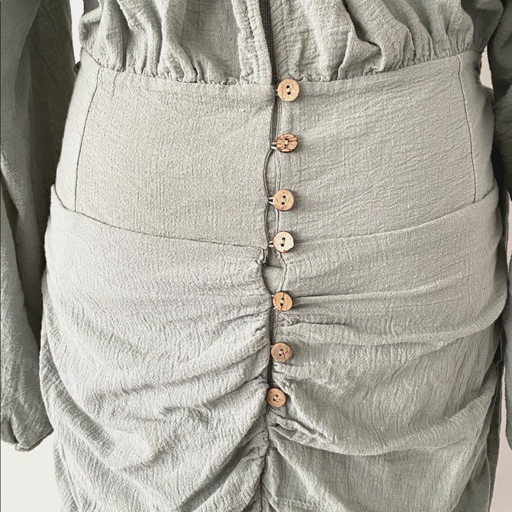Free People Sage Green Open Back Long Sleeve Mini Dress Tie Belt Buttons closer - Picture 4 of 16